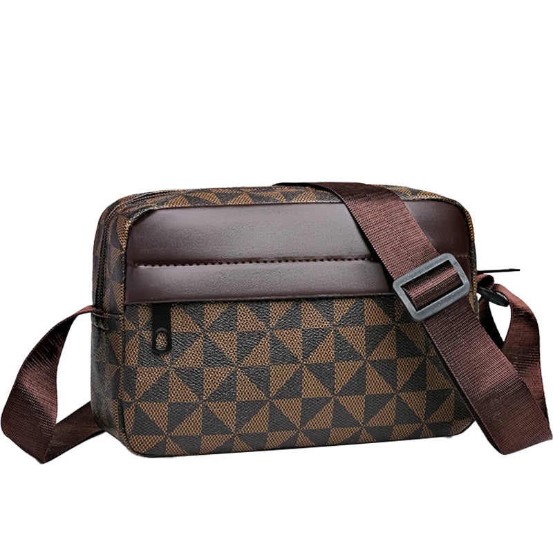 A dark brown men's PU leather shoulder bag with a wide strap featuring a geometric pattern.