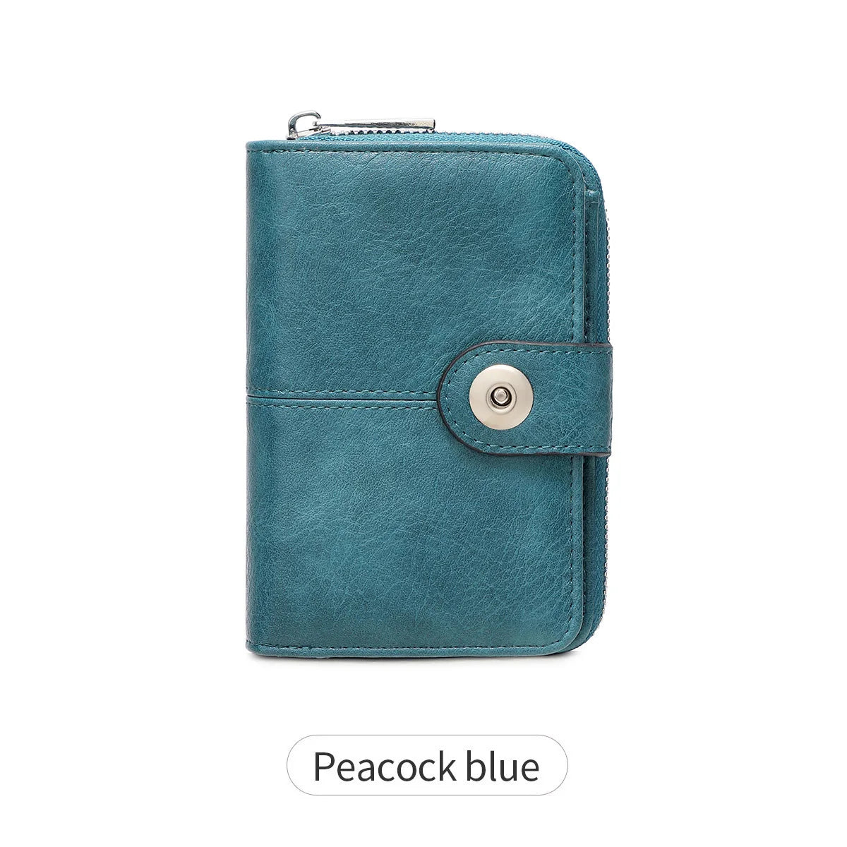 A teal leather wallet with a silver zipper and a round metal snap closure.
