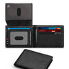 A black carbon fiber minimalist trifold wallet shown in multiple views.