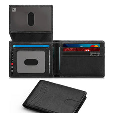 A black carbon fiber minimalist trifold wallet shown in multiple views.