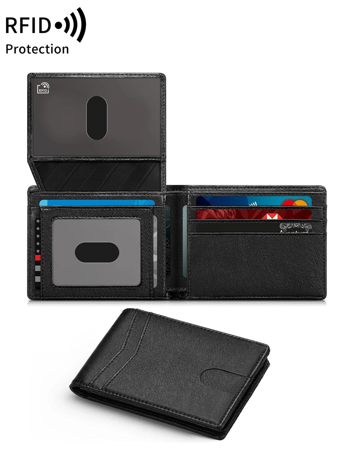 A black carbon fiber minimalist trifold wallet shown in multiple views.