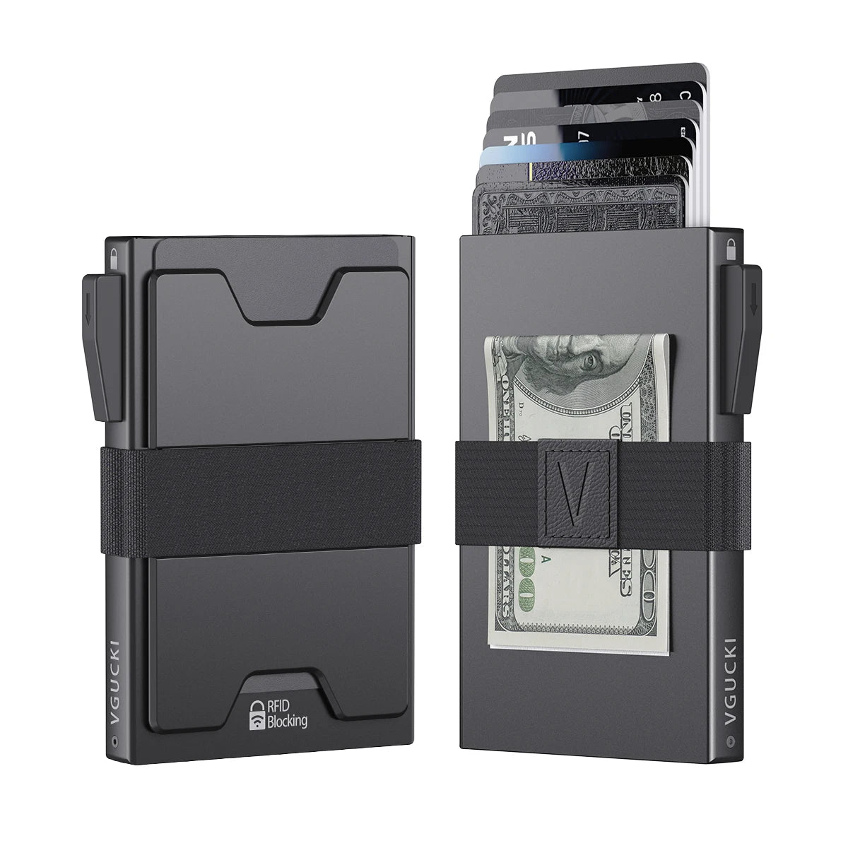 A dark gray minimalist metal card holder with an expandable backplate displaying several banknotes.