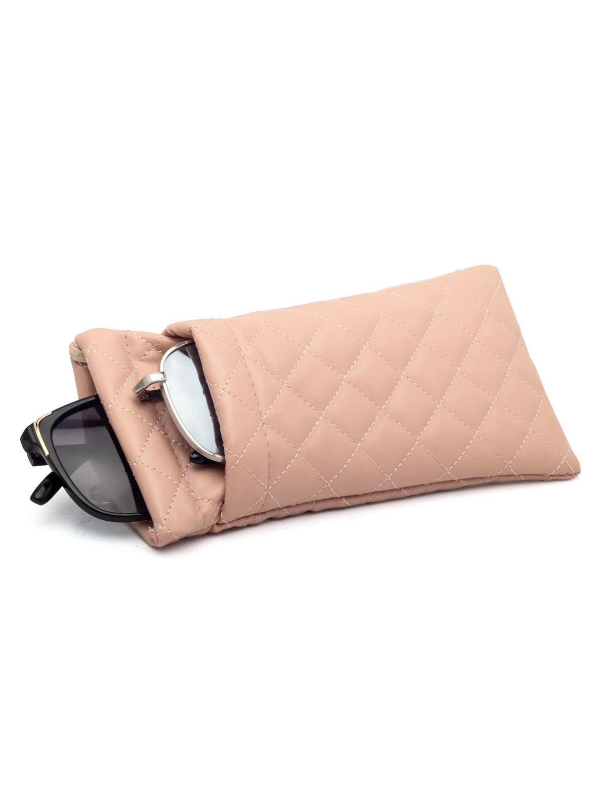 A light pink quilted PU leather glasses case with a protective storage bag.