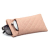 A light pink quilted PU leather glasses case with a protective storage bag.
