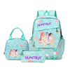 A teal backpack featuring a pink and purple fairy theme with a hunting-themed design.