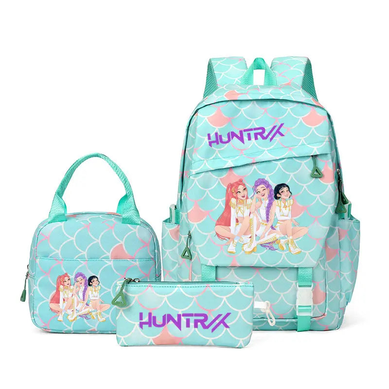 A teal backpack featuring a pink and purple fairy theme with a hunting-themed design.