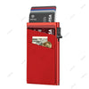 A red metal card holder with a slot for cards and a visible stack of credit cards.