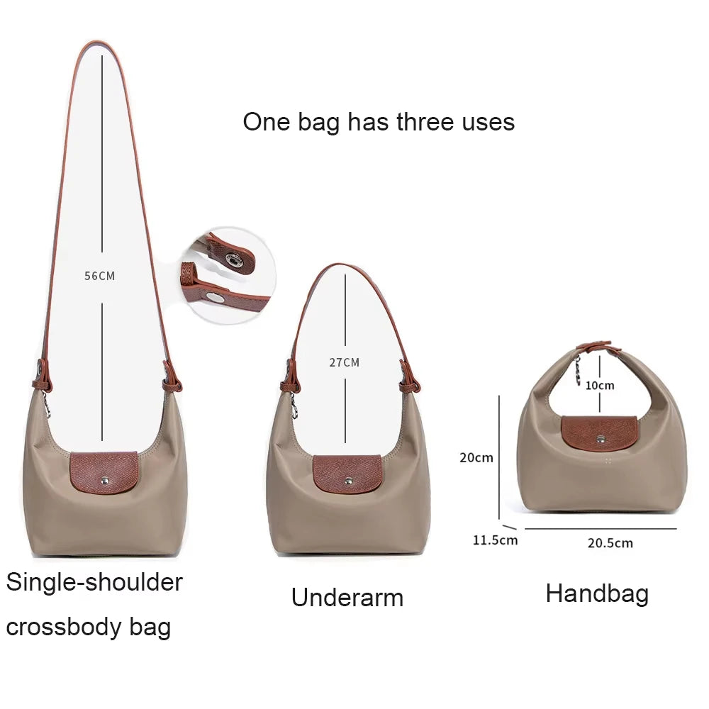A beige waterproof nylon bag shown in three uses: single-shoulder crossbody, underarm, and handbag.