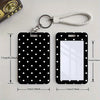 Black acrylic ID card holder with a clear window and a white braided lanyard