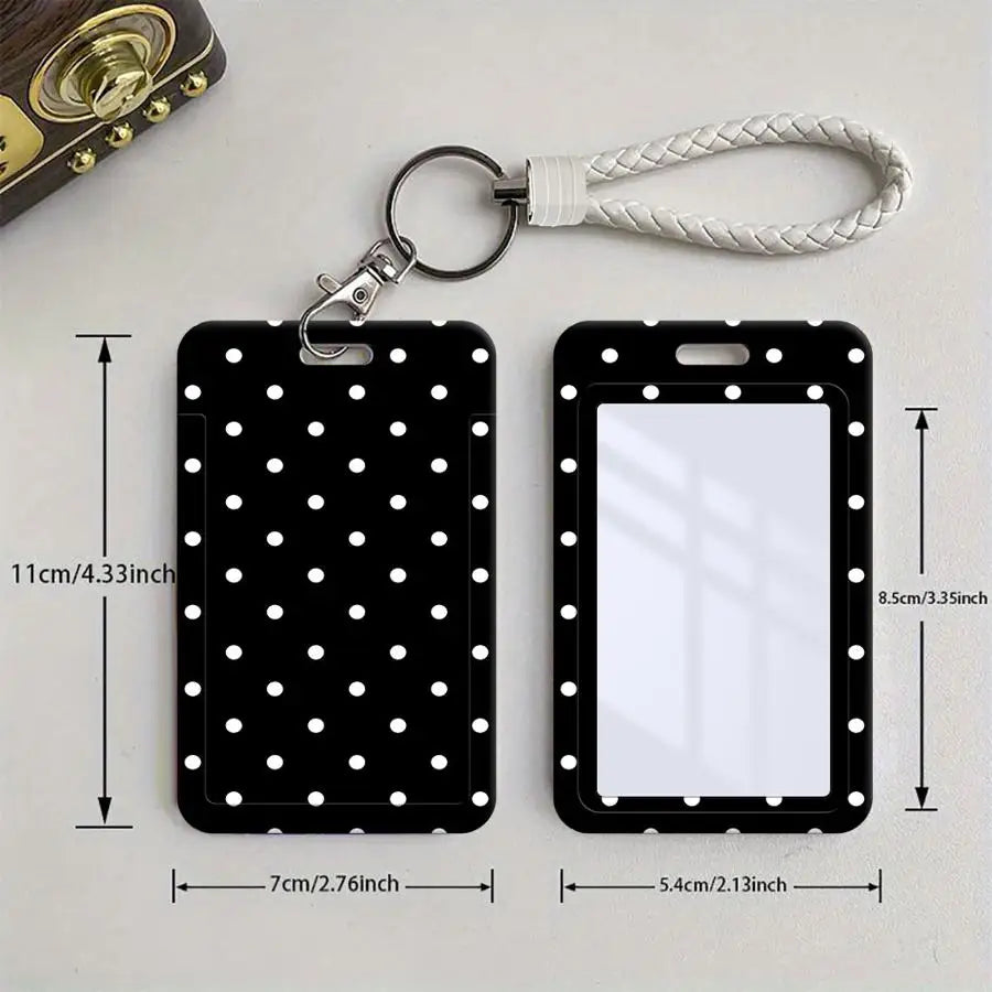 Black acrylic ID card holder with a clear window and a white braided lanyard
