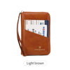 A light brown leather RFID-blocking passport wallet with a zipper closure and attached strap.
