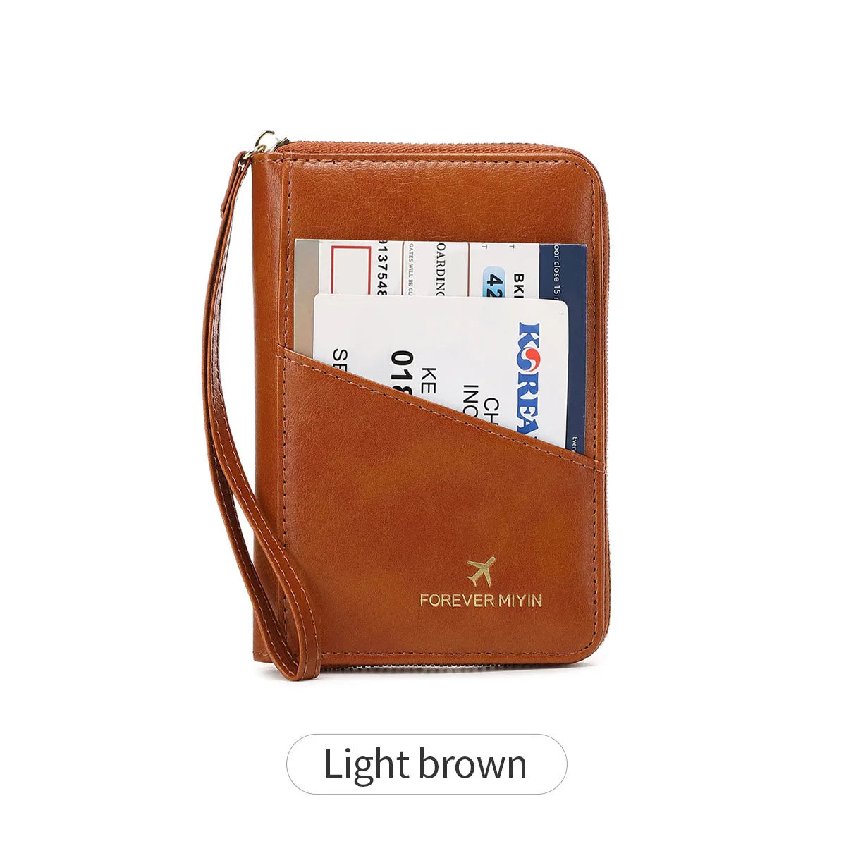A light brown leather RFID-blocking passport wallet with a zipper closure and attached strap.