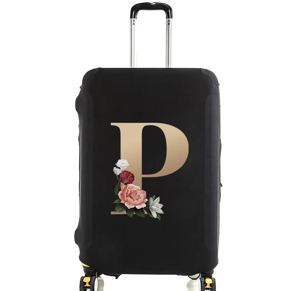 Black premium elastic luggage protective cover with a gold letter P and floral design