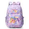 A purple and pink Friends themed school backpack with a large front pocket.