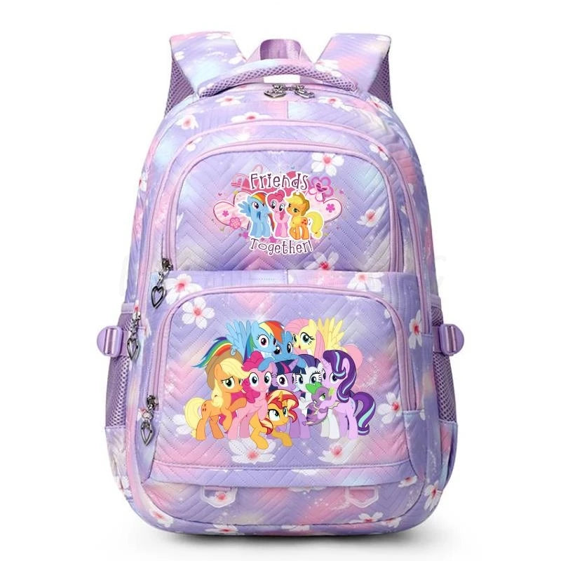 A purple and pink Friends themed school backpack with a large front pocket.