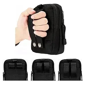 A hand holds a black tactical EDC waist pouch belt designed for carrying phones and tools.