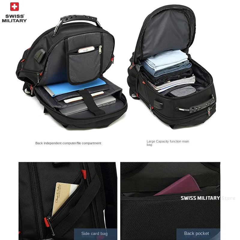 Black Swiss Military laptop backpack showing front and interior compartments