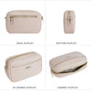A beige zippered shoulder bag shown in back, bottom, 45 degree, and cabinet display views.