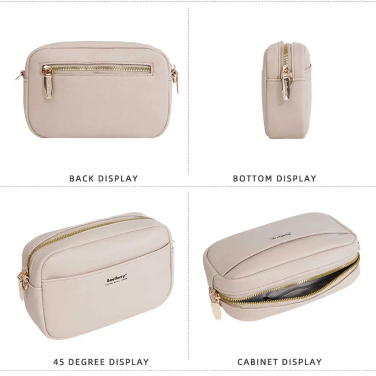 A beige zippered shoulder bag shown in back, bottom, 45 degree, and cabinet display views.