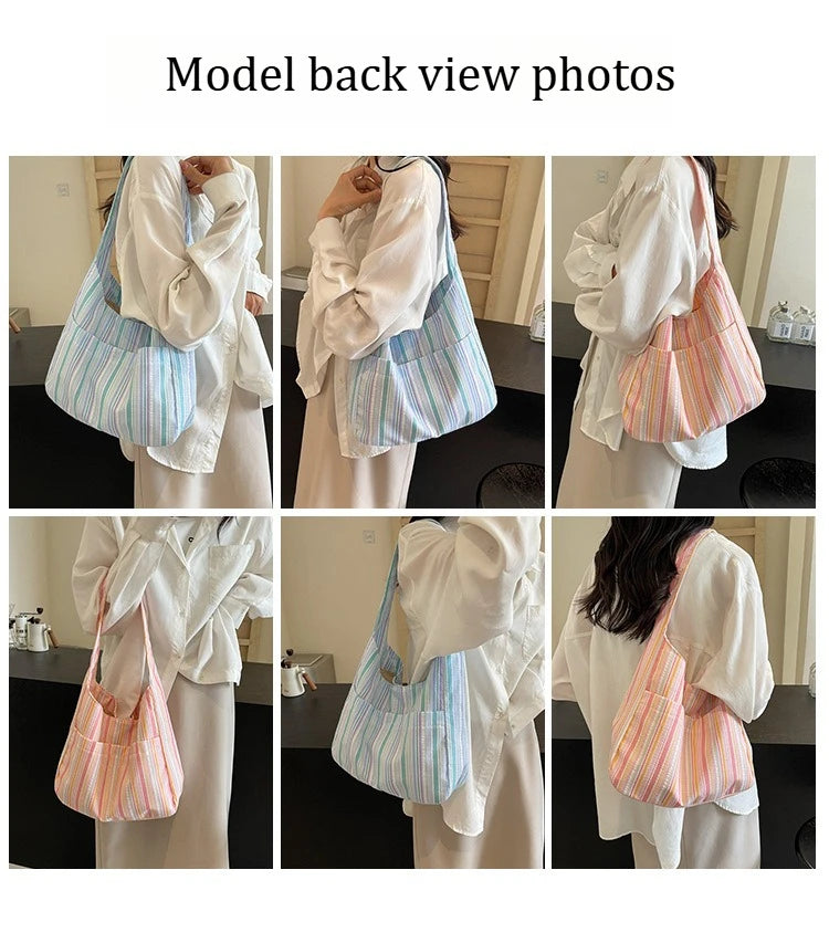 Model back view photos of a striped canvas shoulder bag with magnetic closure in pink and white.