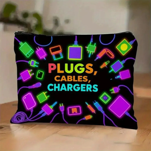 A black zippered pouch filled with various colorful plugs, cables, and chargers.