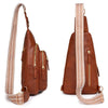A brown PU leather crossbody sling bag with a tan patterned strap shown from the side.