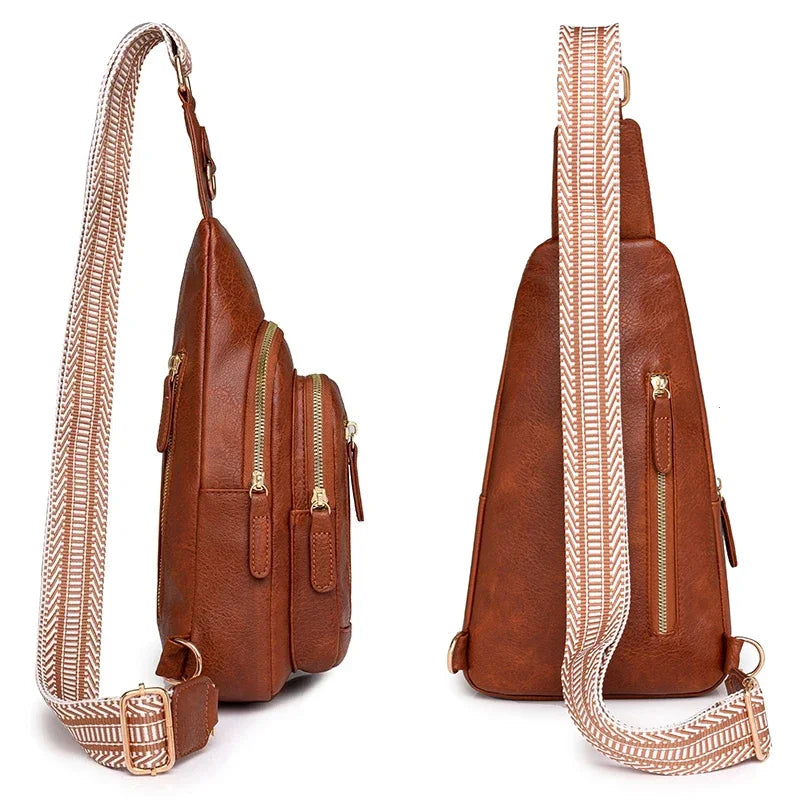 A brown PU leather crossbody sling bag with a tan patterned strap shown from the side.