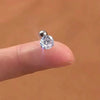 A close-up of a clear round diamond stud earring on a finger against a blurred background.