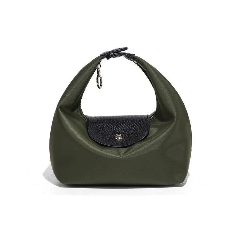 A dark olive green waterproof nylon crossbody bag with dual straps shown from the front.