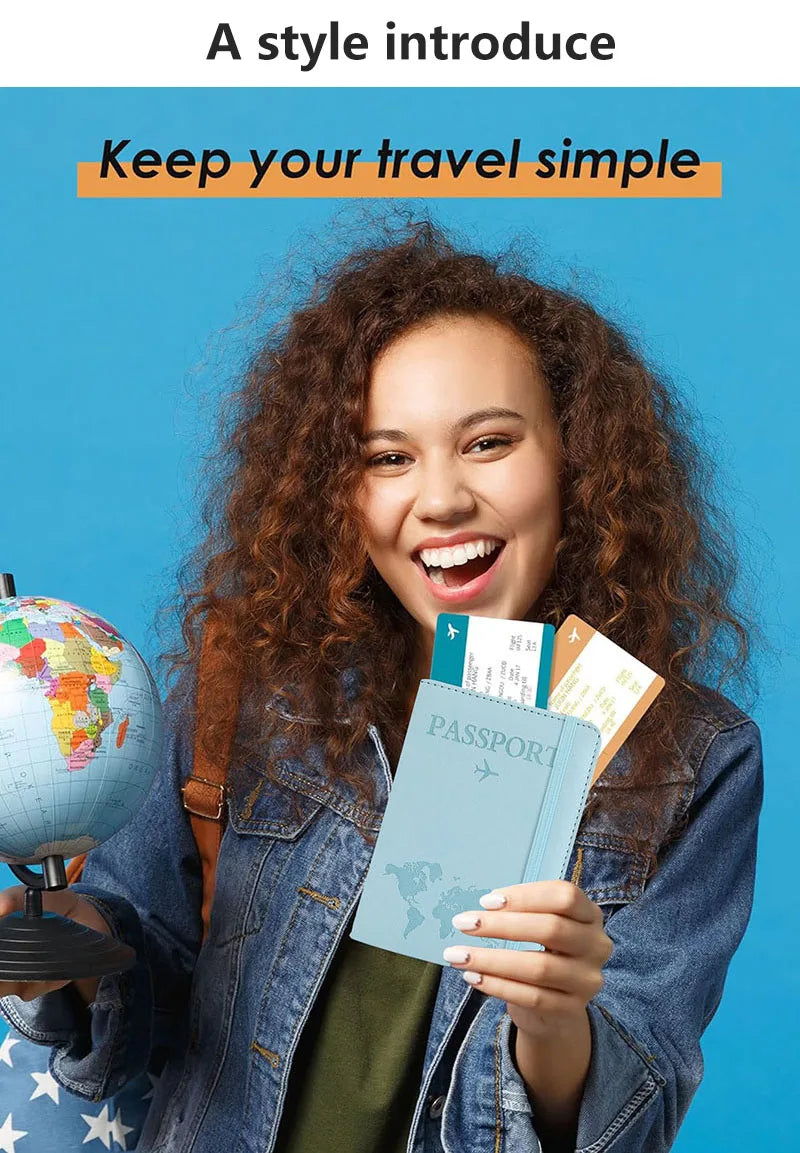 A smiling woman holds a blue passport and a globe, suggesting a simple travel introduction.