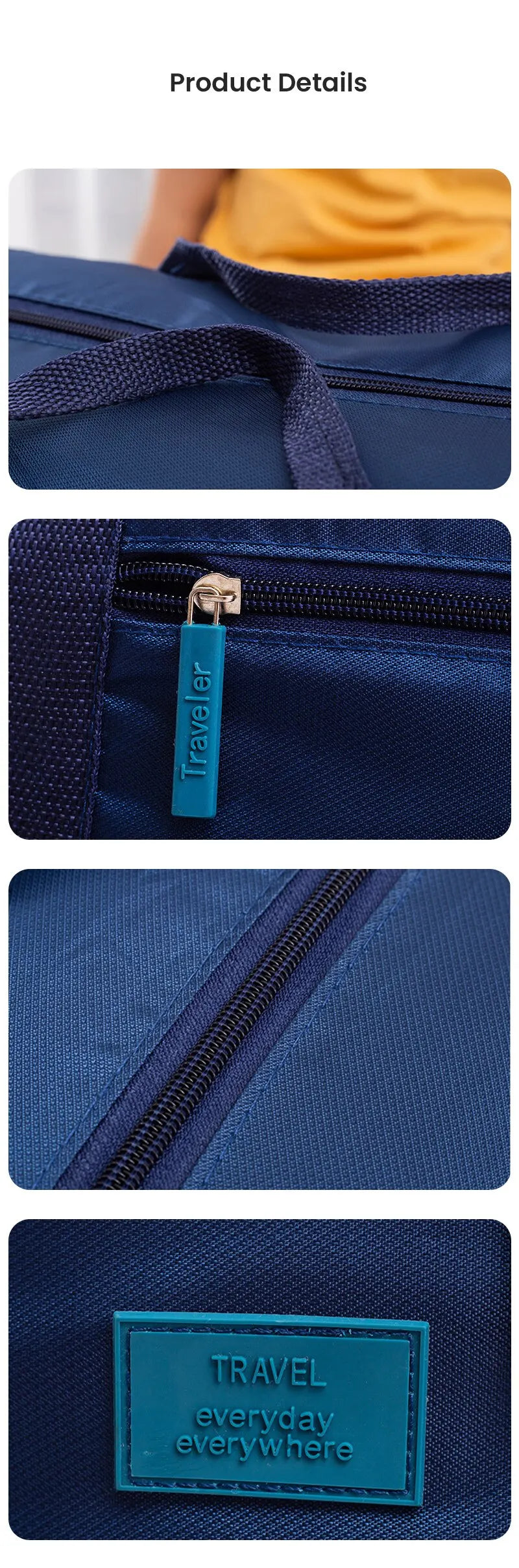 Close-up view of a navy blue foldable travel duffel bag featuring a teal luggage strap and zipper details.