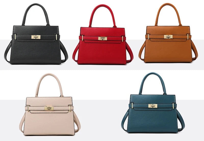A row of five luxury women's handbags in black, red, brown, beige, and teal.