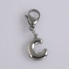 Silver stainless steel alphabet letter charm shaped like the letter C with a lobster clasp.