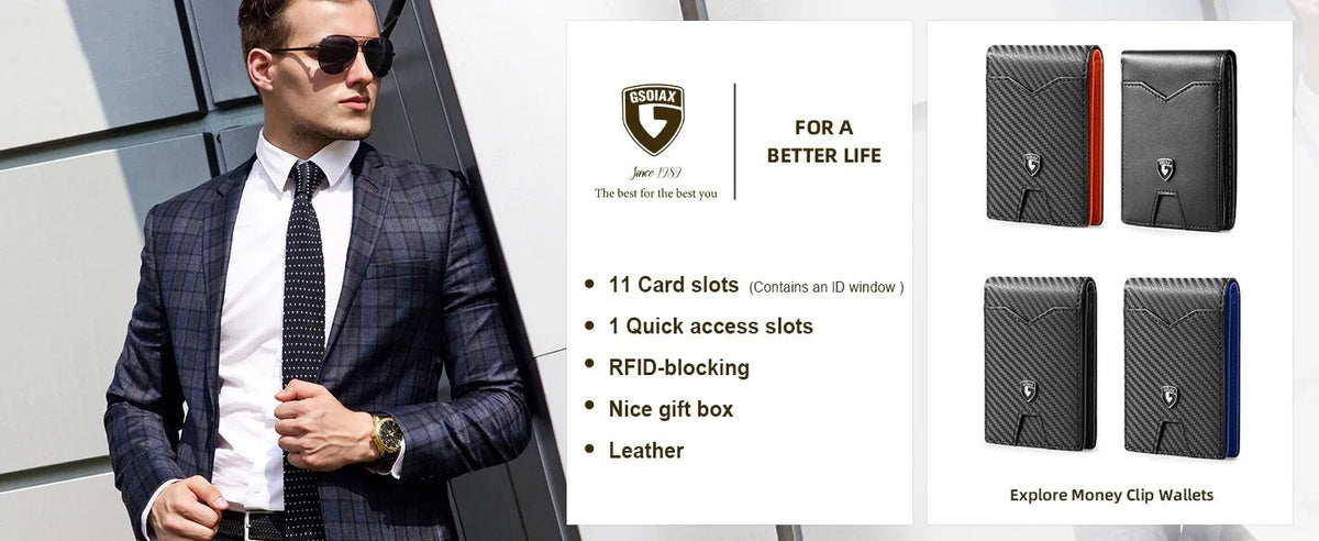 A man wearing a suit jacket and tie stands next to a product display showing a slim leather card holder with geometric design