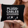 Black zippered pouch for plugs, cables, and chargers shown being held by a person.