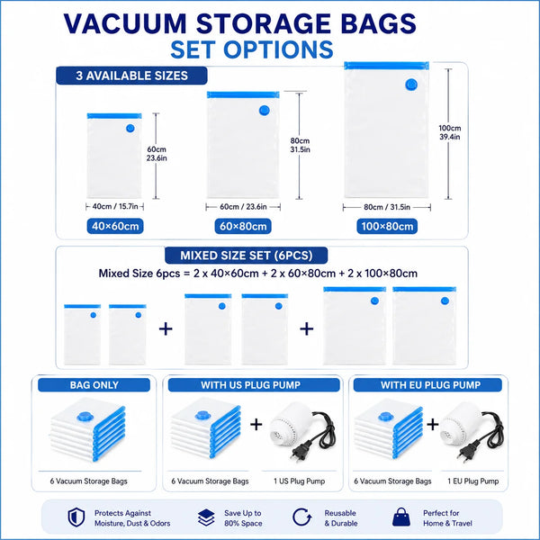Set of vacuum storage bags in various sizes with options for single or multiple electric pumps