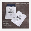 Two white aluminum foil anti-scan card sleeves with RFID protection and waterproof features