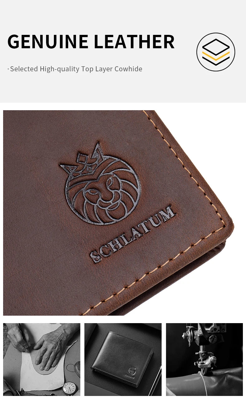 A brown genuine leather passport and travel wallet featuring an embossed lion design and the word SCHLATUM.