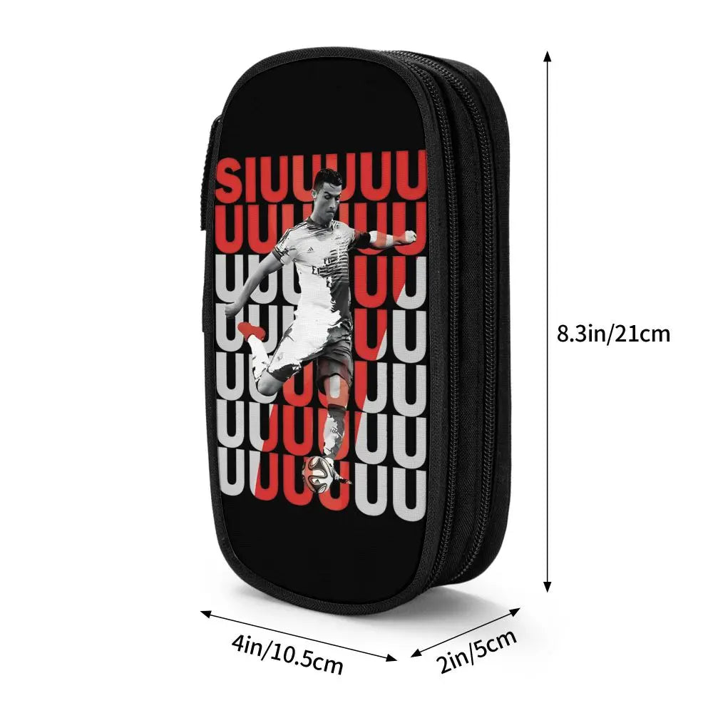 Black pencil case with red text featuring the letters SIUUJUU