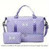 A lavender duffel bag with a separate cosmetic pouch and shoe compartment.