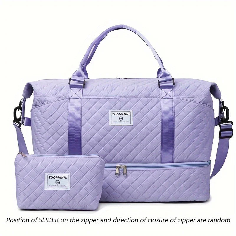 A lavender duffel bag with a separate cosmetic pouch and shoe compartment.