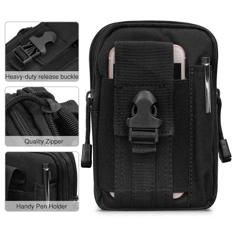 Black tactical pouch featuring a heavy-duty release buckle, quality zipper, and handy pen holder for a phone.