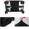 A black thick elastic luggage protective cover is shown with a numbered detail and close-ups of the fabric texture.