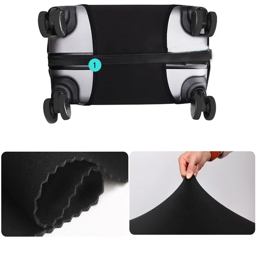 A black thick elastic luggage protective cover is shown with a numbered detail and close-ups of the fabric texture.