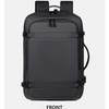 Front view of a black expandable travel backpack designed for laptop and gear.