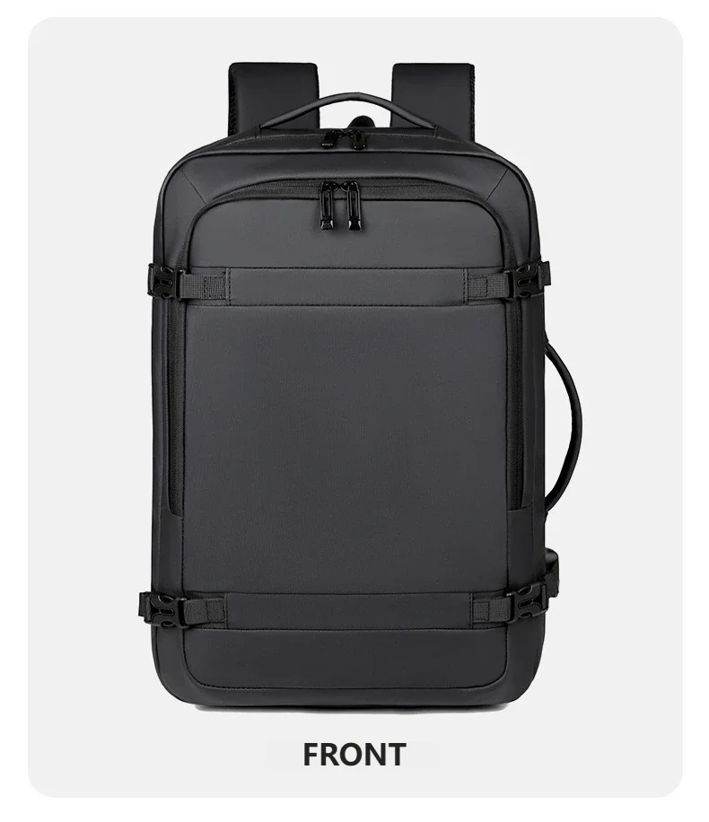 Front view of a black expandable travel backpack designed for laptop and gear.