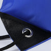 Blue and black gym drawstring backpack with a silver grommet detail