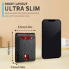 A black slim bi-fold leather wallet shown next to a smartphone, highlighting its thin design and features.