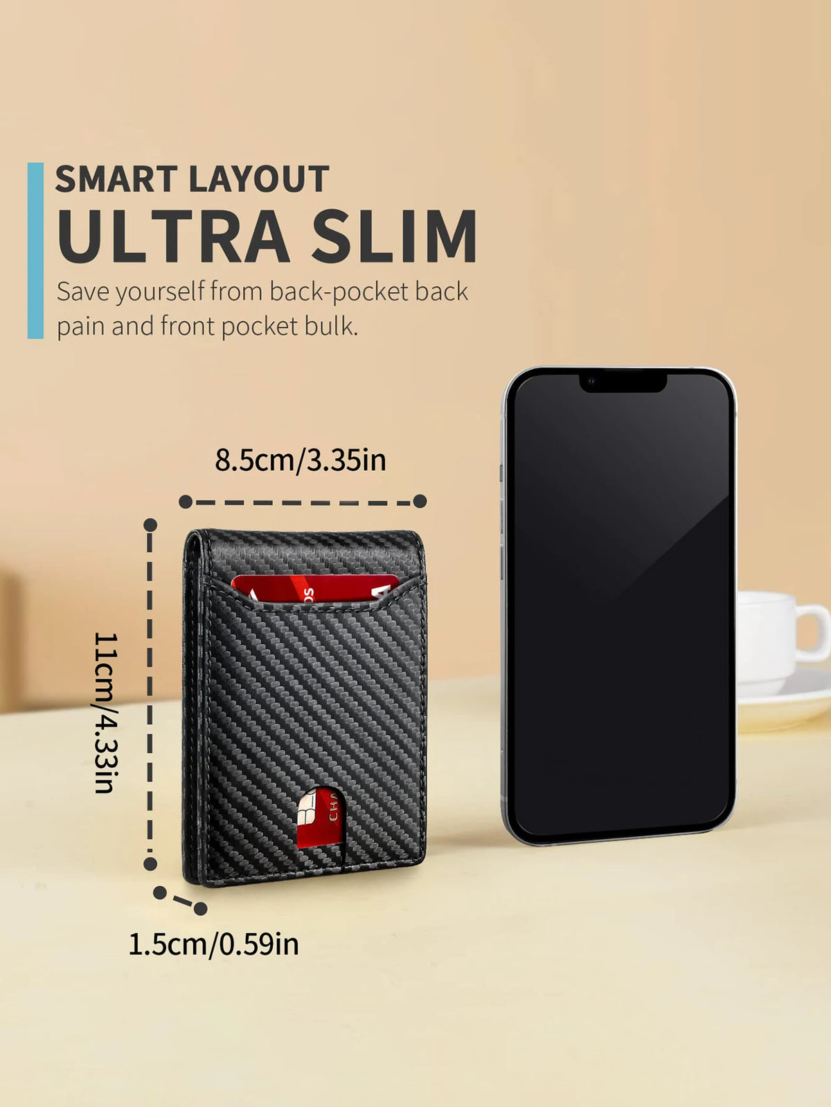A black slim bi-fold leather wallet shown next to a smartphone, highlighting its thin design and features.