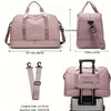 A pink expandable nylon travel duffle bag shown in various views and dimensions.